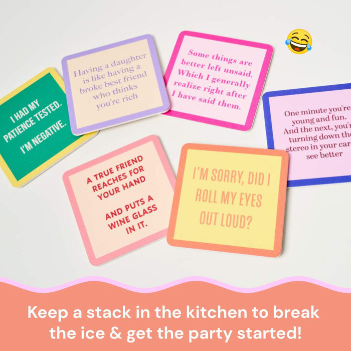Drinks On Me’s Coaster Bundle: Best Sellers features colorful, witty coasters about parenting and life, arranged on a white background. Perfect for breaking the ice and starting your party—just add laughs! A laughing emoji decorates the top right corner.