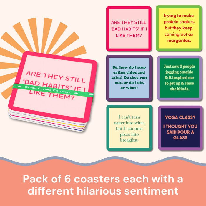 The Coaster Bundle: Fitness by Drinks On Me includes six colorful coasters, each with a witty saying about drinking, eating, or exercise—making it a fun and unique gift for friends.