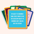 A stack of colorful cards from Drinks On Me’s “Coaster Bundle: Growing Old” features witty sayings like, “My ability to remember song lyrics from the 80s far exceeds my ability to remember why I walked into the kitchen”—a perfect gift for friends.