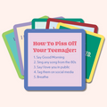 The Coaster Bundle: Parenting by Drinks On Me features colorful, funny coasters—top one reads "How To Piss Off Your Teenager." A hilarious gift for friends who know the parenting struggle!.