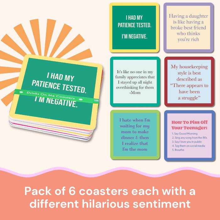 Drinks On Me’s Coaster Bundle: Parenting includes six coasters, each with a unique funny parenting quote. The perfect gift for friends, this set brings humor to your table and makes for a fun conversation starter.