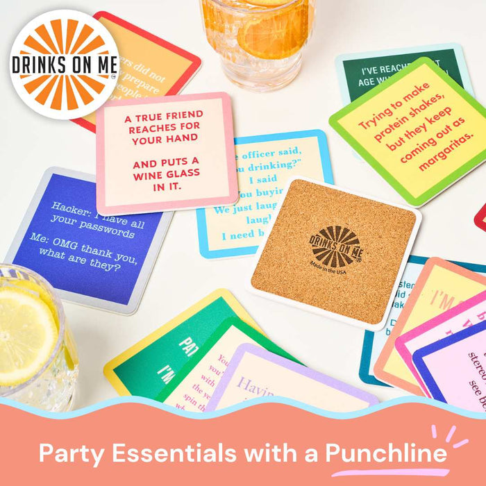 A bundle of funny, colorful Parenting coasters by Drinks On Me is spread out next to drinks with ice and orange slices. The text reads: Party Essentials with a Punchline. The logo is visible—perfect for gifting friends.