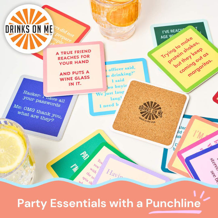 Colorful and funny "Socially Selective" coasters by Drinks On Me are spread out near drinks with lemon slices. Party essentials with a punchline—these make perfect party gifts or get the Coaster Bundle for added fun!.