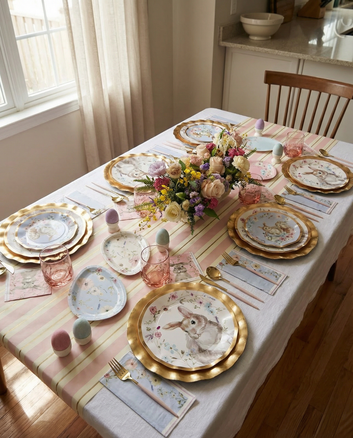 The Ultimate Easter Tablescape for 16: Charming Easter by Sophistiplate LLC features bunny-themed designer plates, gold chargers, pink glasses, pastel eggs, floral napkins, and a colorful centerpiece on a pastel-striped runner.