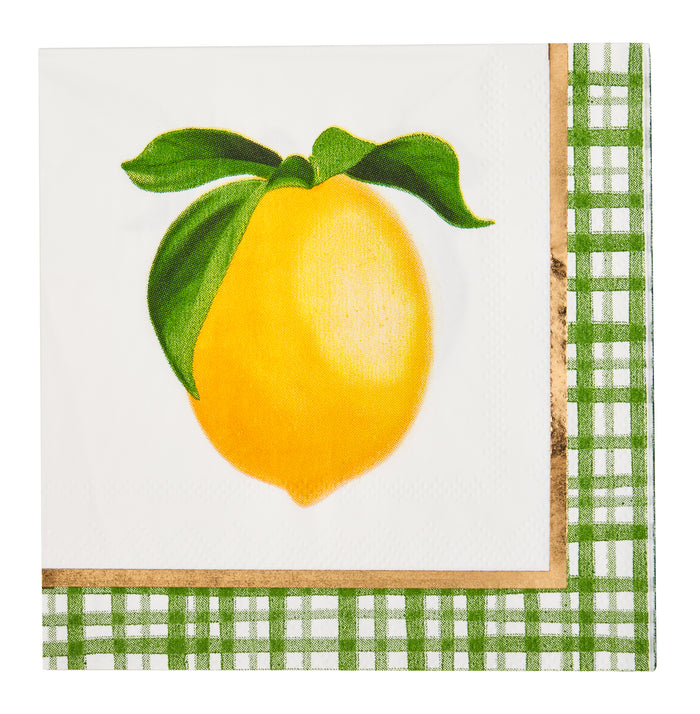 The Sophistiplate Cocktail Napkin Lemon and Stem 3 Ply/20pk features a bold lemon with green leaves and sits atop a green and white checkered cloth—ideal summer party napkins.