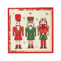 Sophistiplate Cocktail Napkin Nutcracker Christmas (20/pkg) features three festive nutcrackers in red, green, and gold on a cream background with gold stars and foil detail, framed by a bold red border—perfect for holiday gatherings.