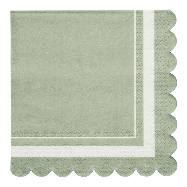 The Eco Cream & Sage Table Setting by Sophistiplate LLC features light green square napkins with scalloped edges and a white border—ideal for pairing with eco-friendly plates at your next gathering.