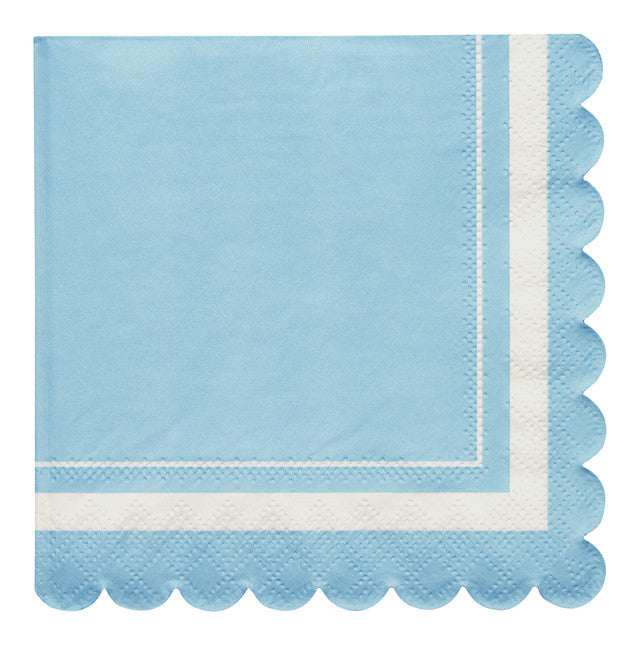 The Sophistiplate Cocktail Napkin Scalloped Edge Sky Blue (20/pkg) features a sky blue hue, scalloped edges, and a white border with subtle dotted texture—an elegant and sustainable tableware choice.
