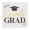 Celebrate in style with Sugarplum's Congrats Grad Cocktail Napkins (26pk), featuring a white napkin with a black graduation cap, "Congrats GRAD" in gold and black lettering, and festive confetti lines—perfect for any graduation party.