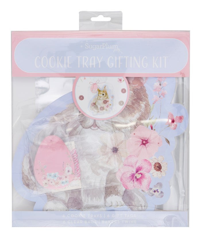 The Sugarplum Cookie Tray Gifting Kit Charming Easter/6pkg includes 6 pastel floral and bunny cookie trays, 6 gift tags, and baby blue twine—perfect for sharing Easter treats in festive packaging.
