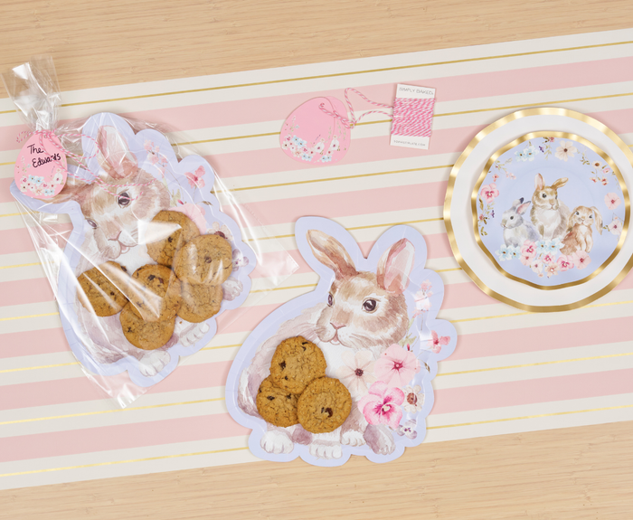 Sugarplum's Cookie Tray Gifting Kit Charming Easter/6pkg includes cookies in a bunny-shaped bag, a matching bunny card, a pink tag, a note card, and a plate—perfect for sharing festive Easter treats with pastel charm.