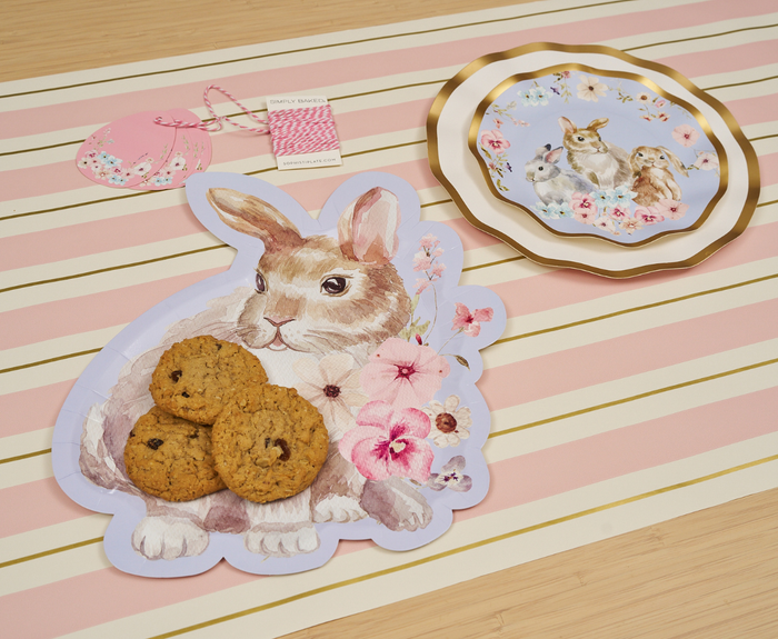 Showcase Easter treats with the Sugarplum Cookie Tray Gifting Kit Charming Easter/6pkg: includes a bunny-shaped plate, rabbit-themed scalloped plate, and pink floral gift tag—perfect for an adorable Easter Cookie Tray display or gifting.