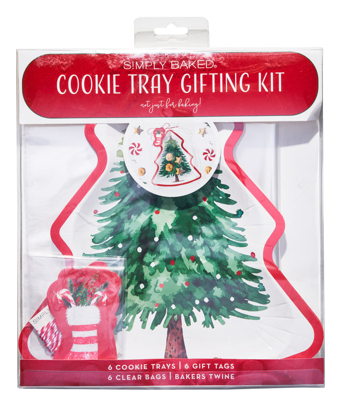 The Sugarplum Cookie Tray Gifting Kit Tree/6pkg includes a tree-shaped tray, gift tags, red and white twine, and clear bags—ideal for holiday treat exchanges with festive red and white designs.