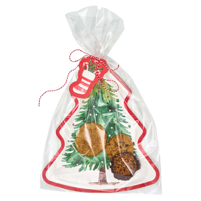The Sugarplum Cookie Tray Gifting Kit Tree/6pkg includes clear gift bags with Christmas tree designs, red and white string, and stocking-shaped tags—perfect for gifting cookies at your holiday treat exchange.