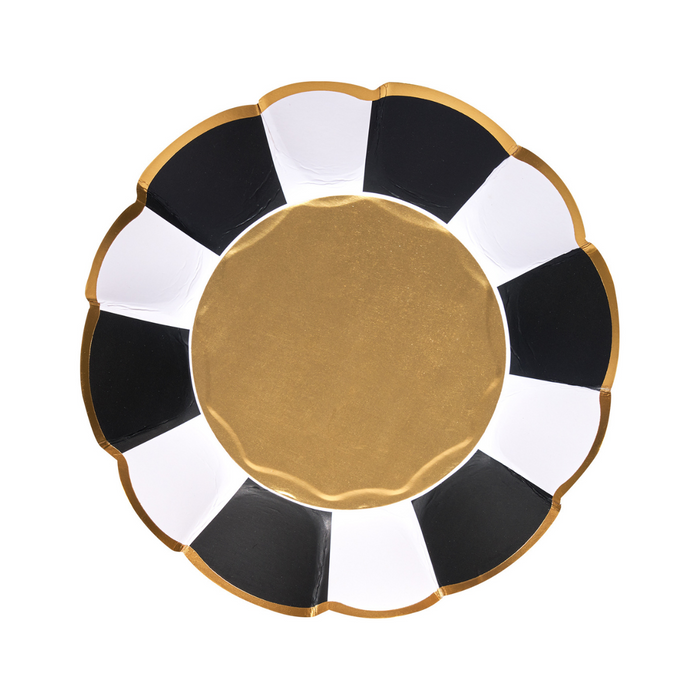 The Sophistiplate Cordoba Appetizer/Dessert Bowls (8pk) feature a round design with a gold center, scalloped edge, alternating black and white rim sections, and gold trim—ideal for adding an elegant touch to your table.