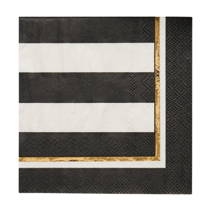 The Sophistiplate Cordoba Cocktail Napkin/20pk features bold black and white horizontal stripes with a gold foil border on a white background—ideal for adding elegance to any celebration.