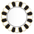 The Cordoba Dinner Plates by Sophistiplate (8pk) are round, disposable plates with a scalloped edge, featuring black and white segments outlined in gold—ideal for elegant gatherings seeking stylish tableware.