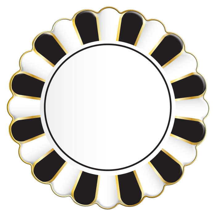 The Cordoba Dinner Plates by Sophistiplate (8pk) are round, disposable plates with a scalloped edge, featuring black and white segments outlined in gold—ideal for elegant gatherings seeking stylish tableware.