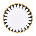 The Cordoba Salad Plates by Sophistiplate (8pk) are round disposable plates featuring a white center, petal-like black and white rim design, and metallic gold trim. Background is white.
