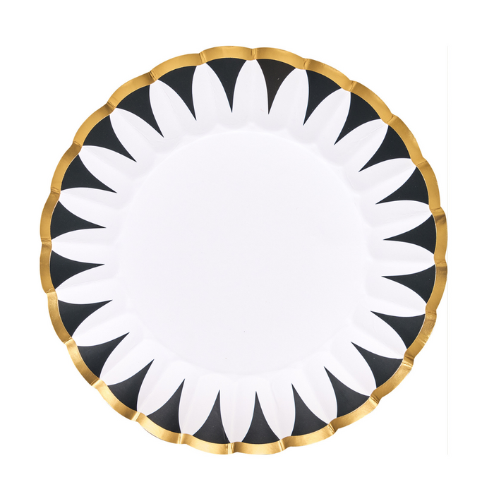 The Cordoba Salad Plates by Sophistiplate (8pk) are round disposable plates featuring a white center, petal-like black and white rim design, and metallic gold trim. Background is white.