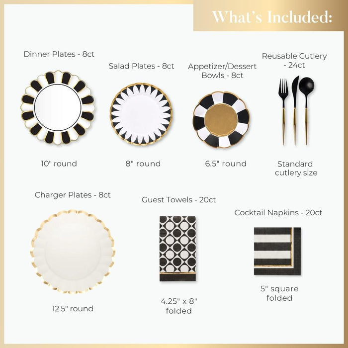 The Cordoba Table Setting by Sophistiplate features elegant black, white, and gold dinner plates, salad plates, appetizer bowls, reusable cutlery, charger plates, guest towels, and cocktail napkins—each with labeled sizes and quantities.