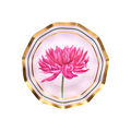 The Dahlia Garden Appetizer/Dessert Bowls (8pk) by Sophistiplate feature a round design with wavy gold edges, showcasing a pink lotus flower at the center on a pale pink background accented by green and gold borders—ideal for serving appetizers or as elegant floral party bowls at your next gathering.