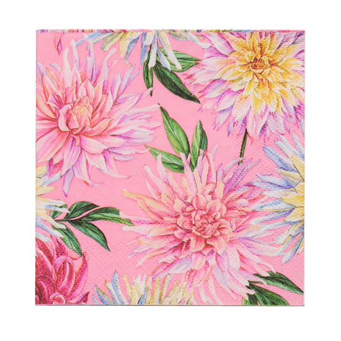 Sophistiplate Dahlia Garden Cocktail Napkins (20pk) feature a pink background with large, colorful dahlia flowers and green leaves—perfect for adding an elegant, vibrant floral touch to your party décor.