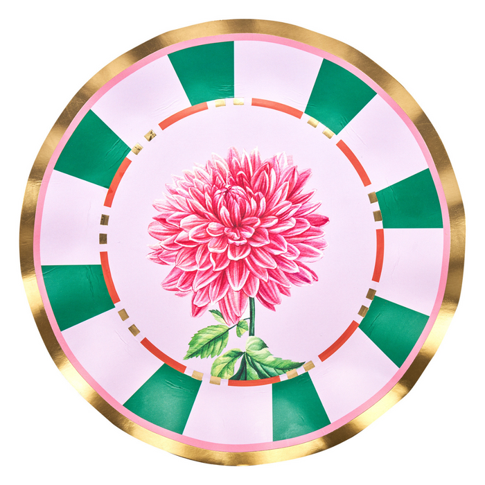 The Sophistiplate Dahlia Garden Dinner Plates (8pk) feature a pink and white flower center, accented by a pink background, green and white geometric design, and gold trim—perfect stylish disposable plates for your next event.