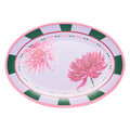 The Sophistiplate Dahlia Garden Melamine Serving Platter features a pink rim, green rectangular accents, and two large pink dahlia flowers—ideal for stylish serving as a statement platter.