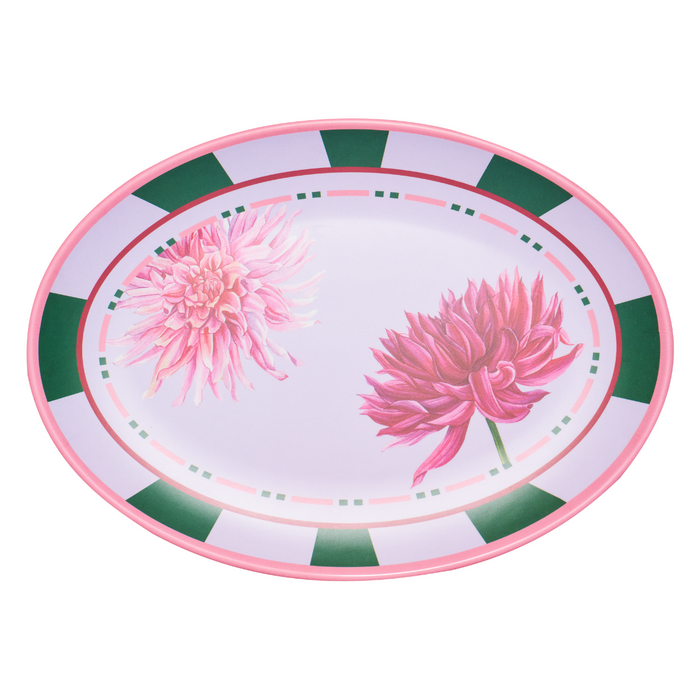 The Sophistiplate Dahlia Garden Melamine Serving Platter features a pink rim, green rectangular accents, and two large pink dahlia flowers—ideal for stylish serving as a statement platter.