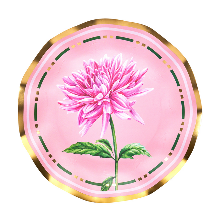 The Sophistiplate Dahlia Garden Salad Plates/8pk feature a pink background, detailed dahlia blooms with green leaves, and gold and green geometric trim—ideal as elegant paper plates for any occasion.