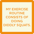 Orange text on a cream background reads: My exercise routine consists of doing diddly squats. The Diddly Squat Coaster by Drinks On Me features an orange border—perfect as a funny gift or drink coaster.