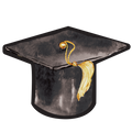 A watercolor-style black graduation cap with a gold tassel sits atop a plain light gray background—ideal for the Sugarplum Die-Cut Paper Graduation Plate/8pk. Perfect for your celebration tableware needs!.