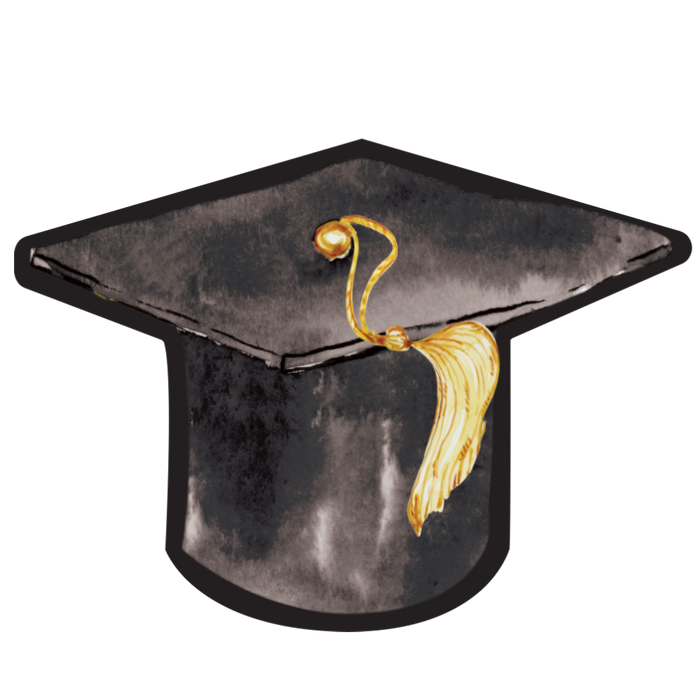 A watercolor-style black graduation cap with a gold tassel sits atop a plain light gray background—ideal for the Sugarplum Die-Cut Paper Graduation Plate/8pk. Perfect for your celebration tableware needs!.