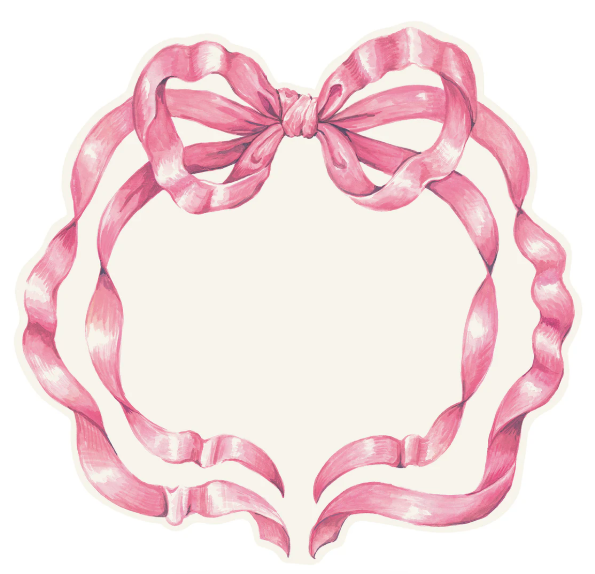 A delicate, hand-drawn pink ribbon forms a heart-shaped bow on these Hester & Cook Die-cut Pink Bow Placemat sheets (set of 12), part of the Pink Bow Collection and set against a light beige background.