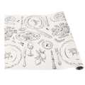 The Hester & Cook Dinner Party Runner, 20x25", is a white paper runner with black line art of plates, cutlery, glasses, lemons, flowers, and foods—great for creative table settings or gift wrapping.