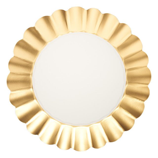 The Sophistiplate Dinner Plate Gold & White (8/pkg) features an elegant round design with a shiny gold scalloped edge and smooth white center—perfect disposable dinnerware for any special occasion.