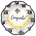 Celebrate in style with Sugarplum Dinner Plate Graduation/8pk—decorative plates featuring black caps, gold tassels, a gold laurel wreath, and "Congrats!" in elegant cursive—ideal for your graduation party supplies.