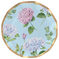 The Sophistiplate Dinner Plate Hydrangea - 8pk features decorative ruffled foil edges, gold rims, and light blue backgrounds with colorful hydrangea blooms—ideal floral-themed paper plates for your next party.