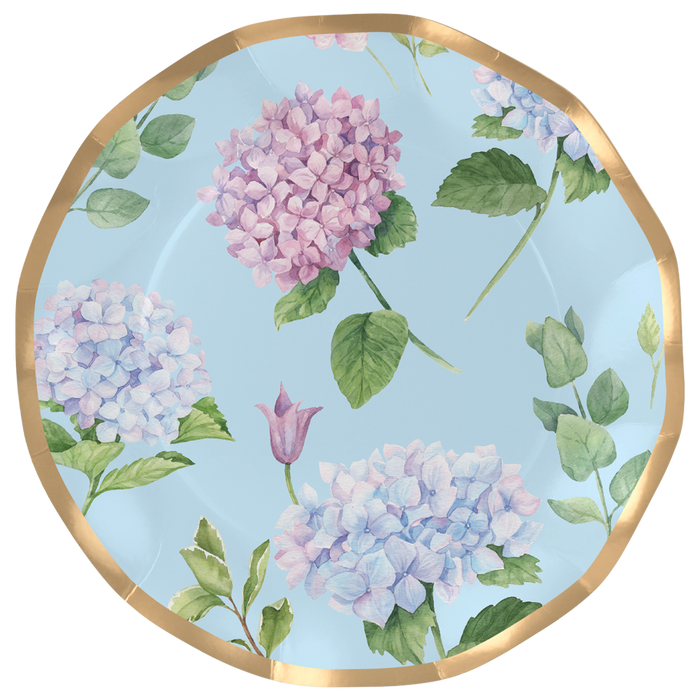 The Sophistiplate Dinner Plate Hydrangea - 8pk features decorative ruffled foil edges, gold rims, and light blue backgrounds with colorful hydrangea blooms—ideal floral-themed paper plates for your next party.