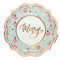 The Sophistiplate Dinner Plate Jolly Holiday (8/pkg) features scalloped edges, a light blue background with pink and red ornaments, "Merry" in gold script, and pink/gold trim—elegant disposable plates for your holiday party.