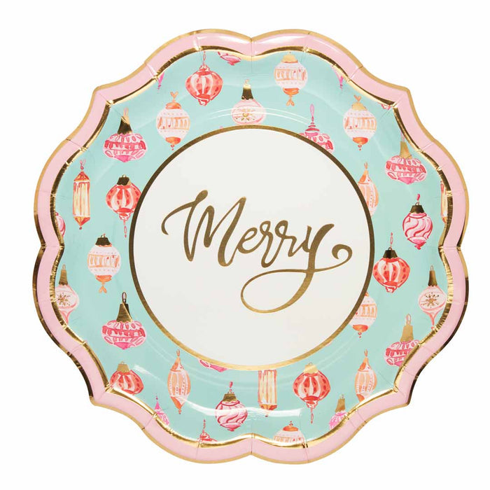 The Sophistiplate Dinner Plate Jolly Holiday (8/pkg) features scalloped edges, a light blue background with pink and red ornaments, "Merry" in gold script, and pink/gold trim—elegant disposable plates for your holiday party.