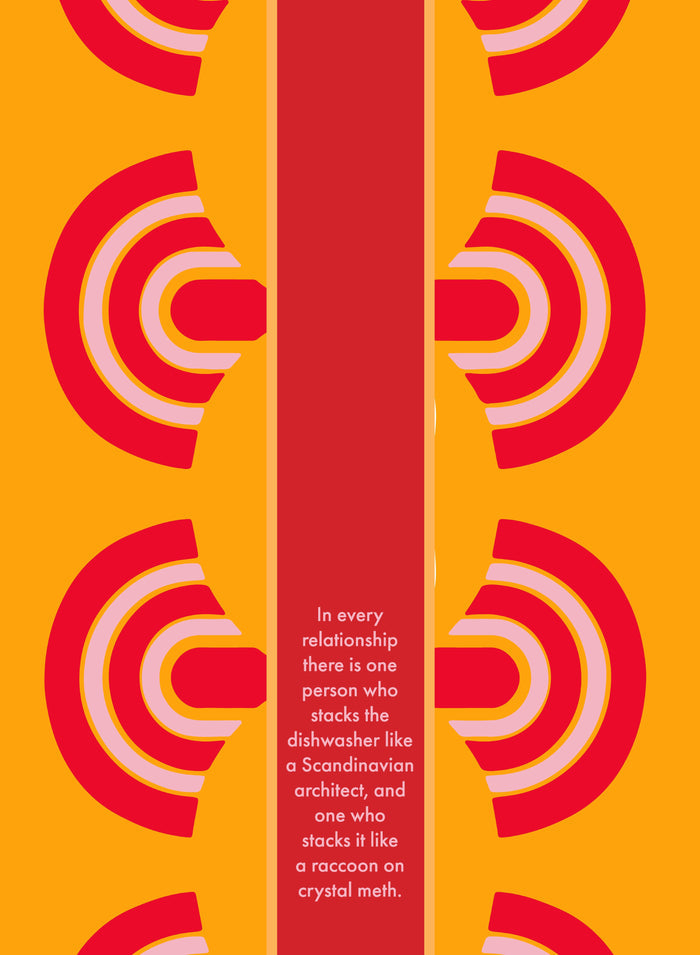 The Dishwasher Dish Towel by Drinks On Me features abstract orange and yellow graphics with red, pink, and white semicircles. In the center, a witty kitchen joke about stacking dishwashers adds a fun touch to your kitchen décor.