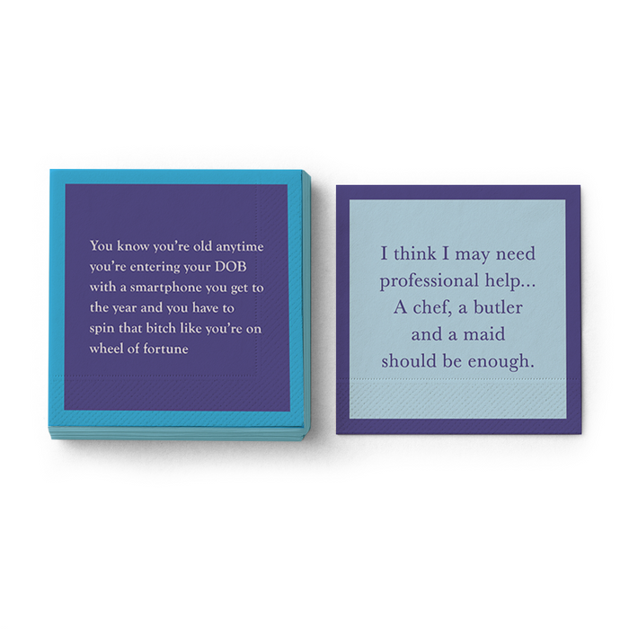 The Drinks On Me DOB Napkin set includes two square cocktail napkins with witty quotes: the blue napkin jokes about entering your DOB on a phone, while the lavender says, “I think I may need professional help...” Fun party supplies!.
