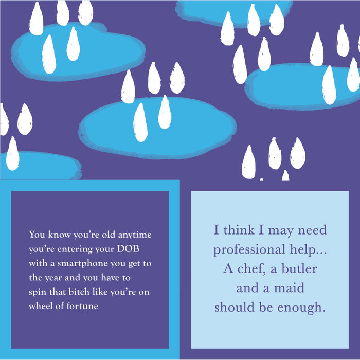 The DOB Napkin by Drinks On Me features a graphic with blue ponds and white raindrops on purple, plus two witty aging quotes—ideal as funny cocktail napkins or humorous party supplies for your next celebration.