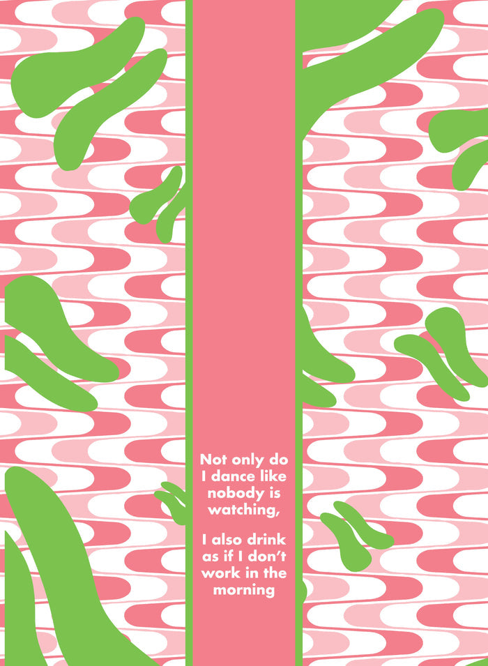 Add some humor to your kitchen with the "Don’t work in Morning Dish Towel" by Drinks On Me, featuring wavy pink and white designs, green accents, and the witty quote: Not only do I dance like nobody is watching, I also drink as if I don’t work in the morning.