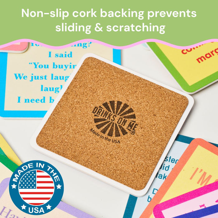 A square cork Bible Coaster by Drinks On Me features a "Made in the USA" badge and is surrounded by colorful, humorous coasters—perfect for your bar cart accessories.