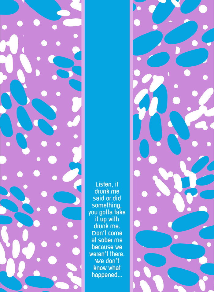 The Drunk Me Dish Towel by Drinks On Me features blue and white ovals on purple, with a vertical blue stripe and kitchen humor in white text—a fun, quirky gift for housewarmings or anyone who cooks after a few drinks.