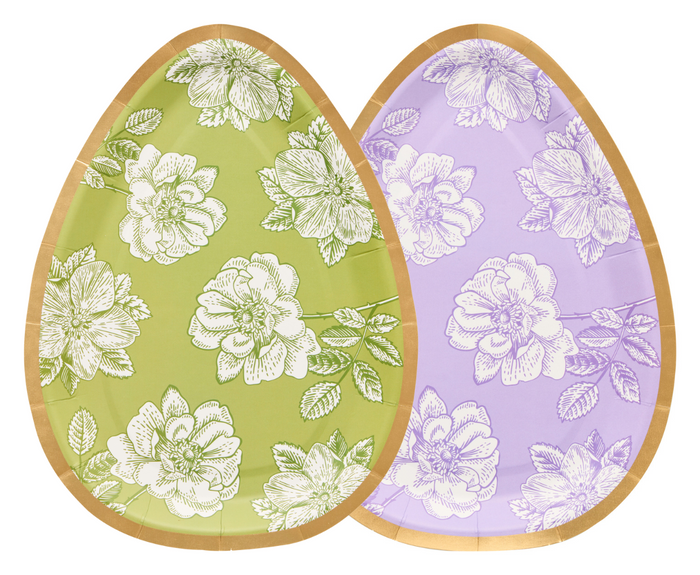 The Sophistiplate Easter Toile Assorted Die Cut Salad Plates 8pk features egg-shaped plates with gold rims and white floral patterns in green and lavender, overlapping for an elegant touch perfect for festive gatherings.