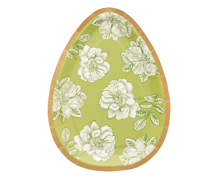 Sophistiplate's Easter Toile Assorted Die Cut Salad Plates (8pk) feature egg-shaped designs with green backgrounds, white floral patterns, and light brown borders—ideal as disposable Easter plates for your celebration.